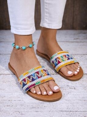 Boho Beaded Slide Sandals Women Size 10 (EU 41) Colorful Slip On Summer Flats